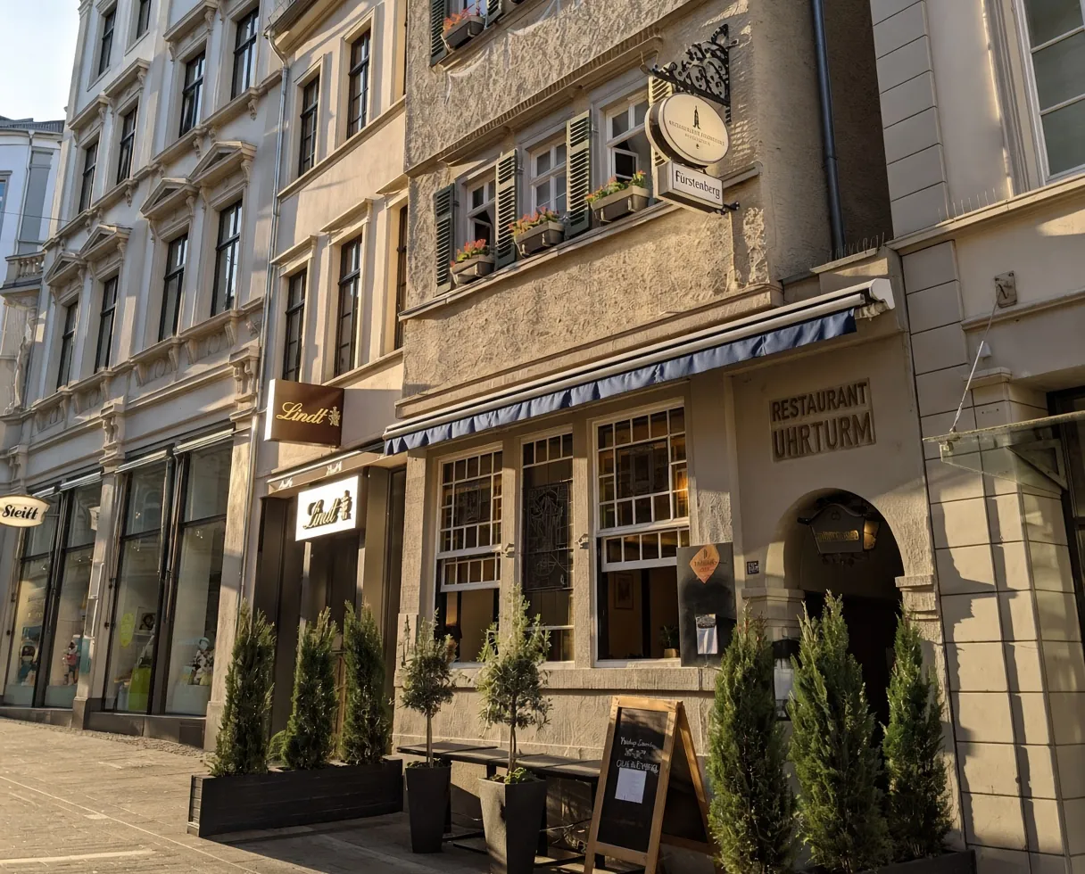Das Restaurant Uhrturm an der Marktstraße, Schriftzug am Haus, Eingang und grüne Fensterläden