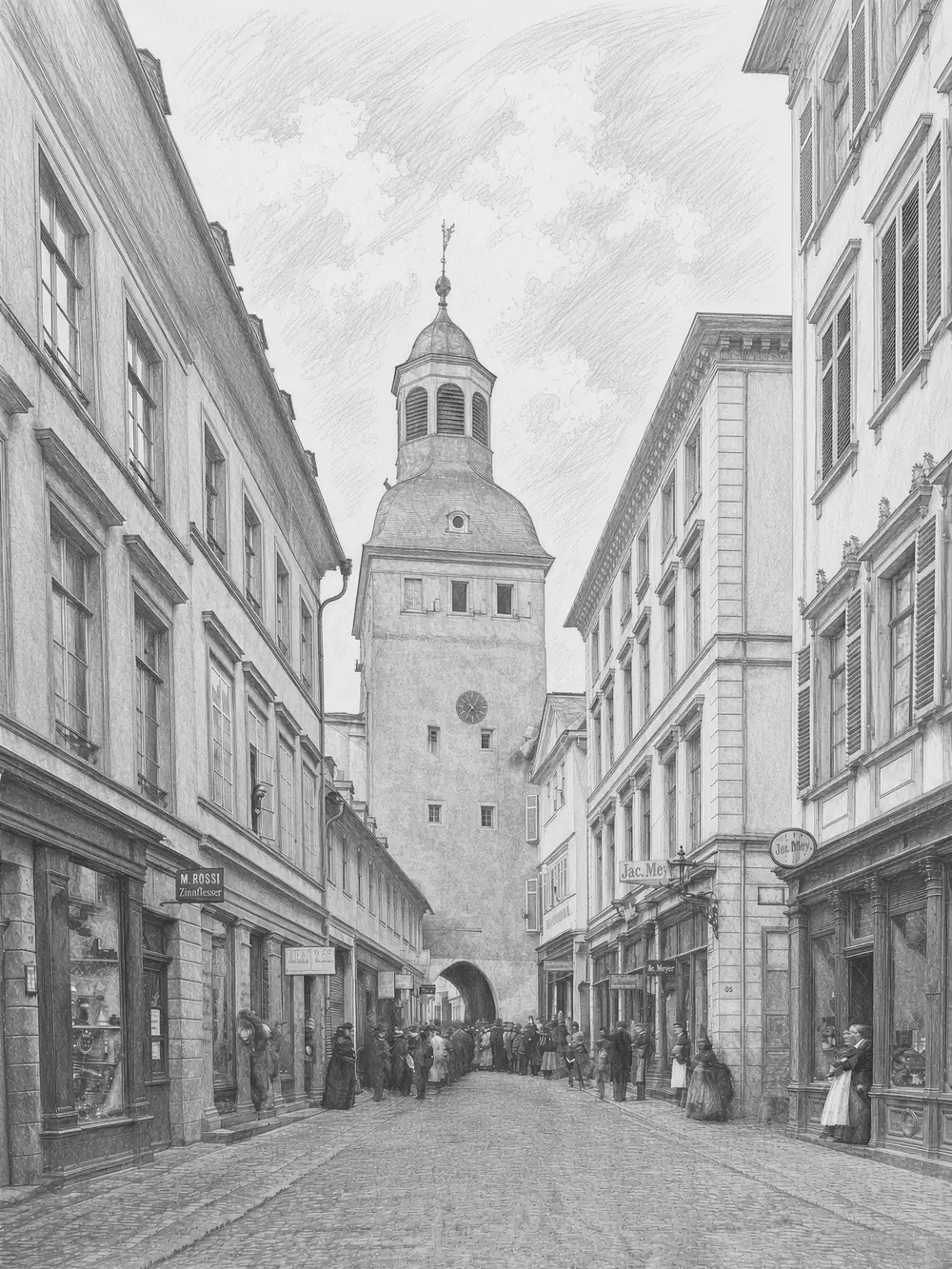 Bleistiftzeichnung der Marktstraße in Wiesbaden, Blick auf den historischen Uhrturm mit Torbogen